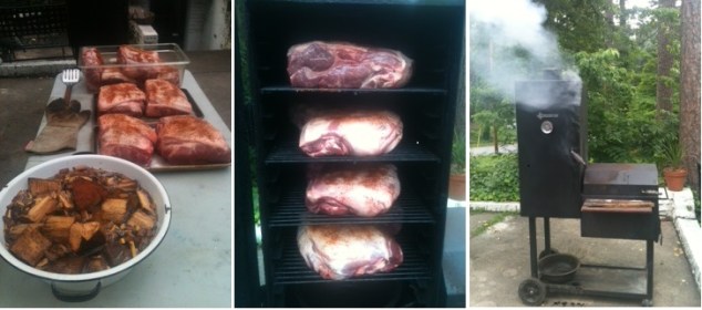 Rubbed shoulders and hickory chips; shoulders on the racks ready to go, now we're smoking!